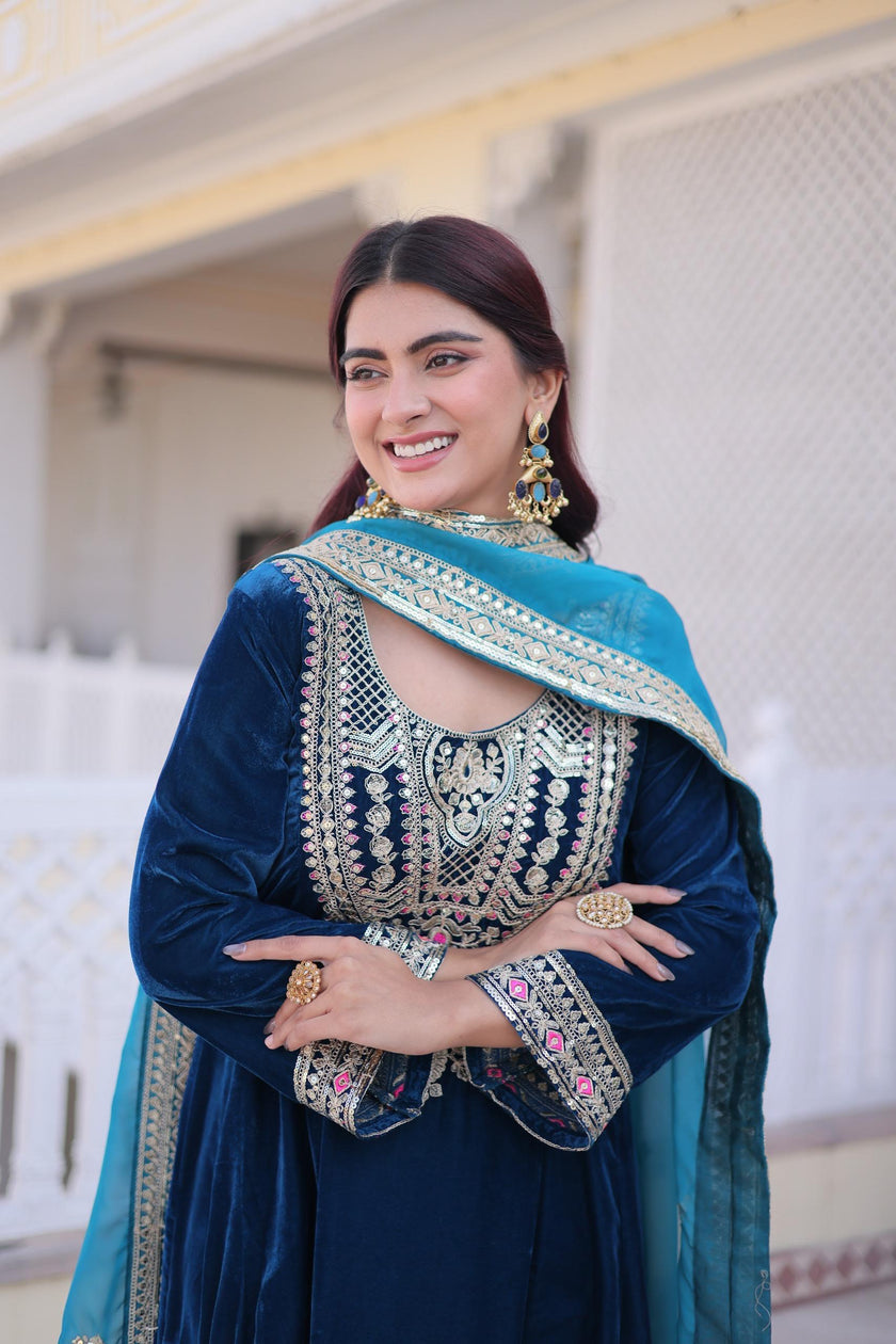 Luxury Velvet Embroidered Kurta Set with Dupatta for Women.