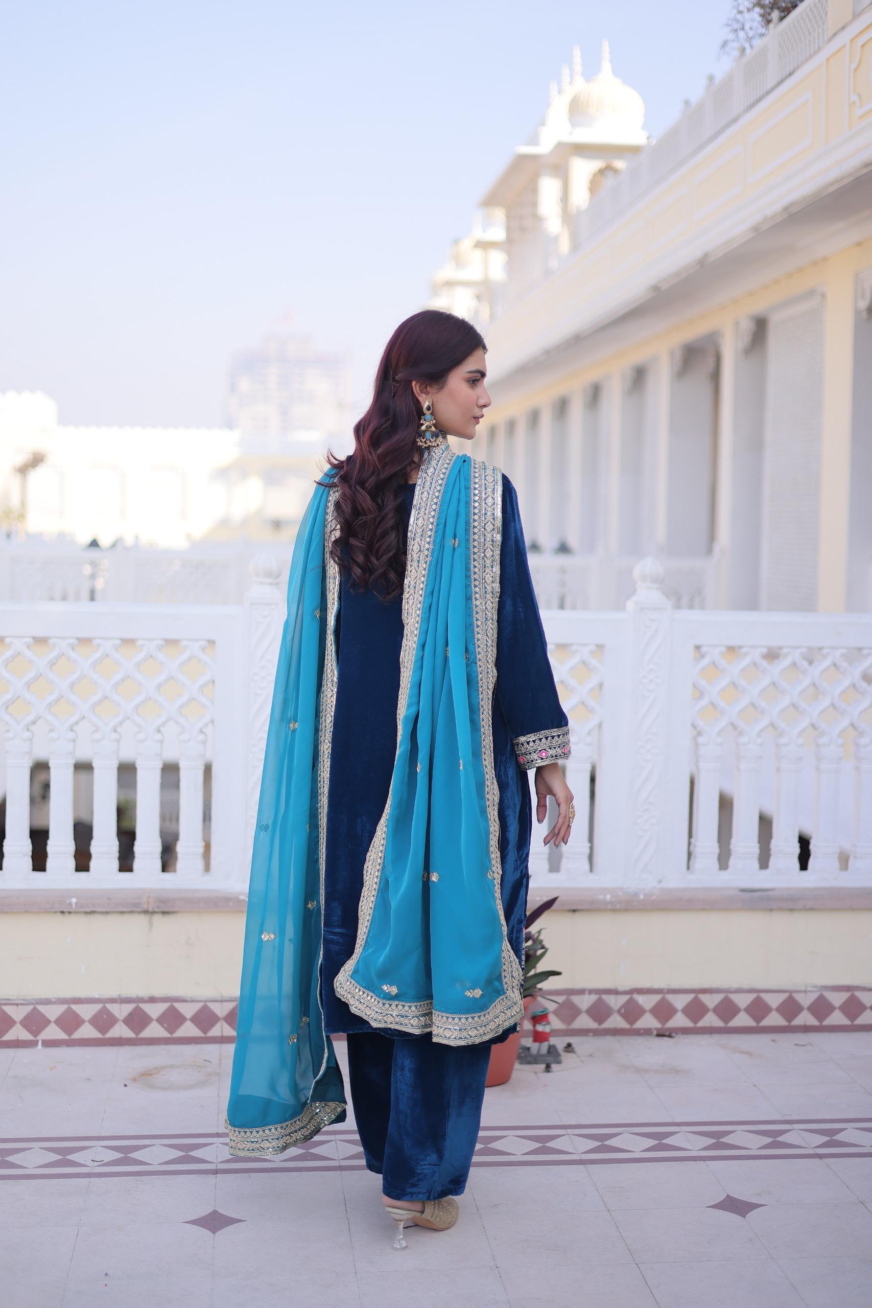 Luxury Velvet Embroidered Kurta Set with Dupatta for Women.