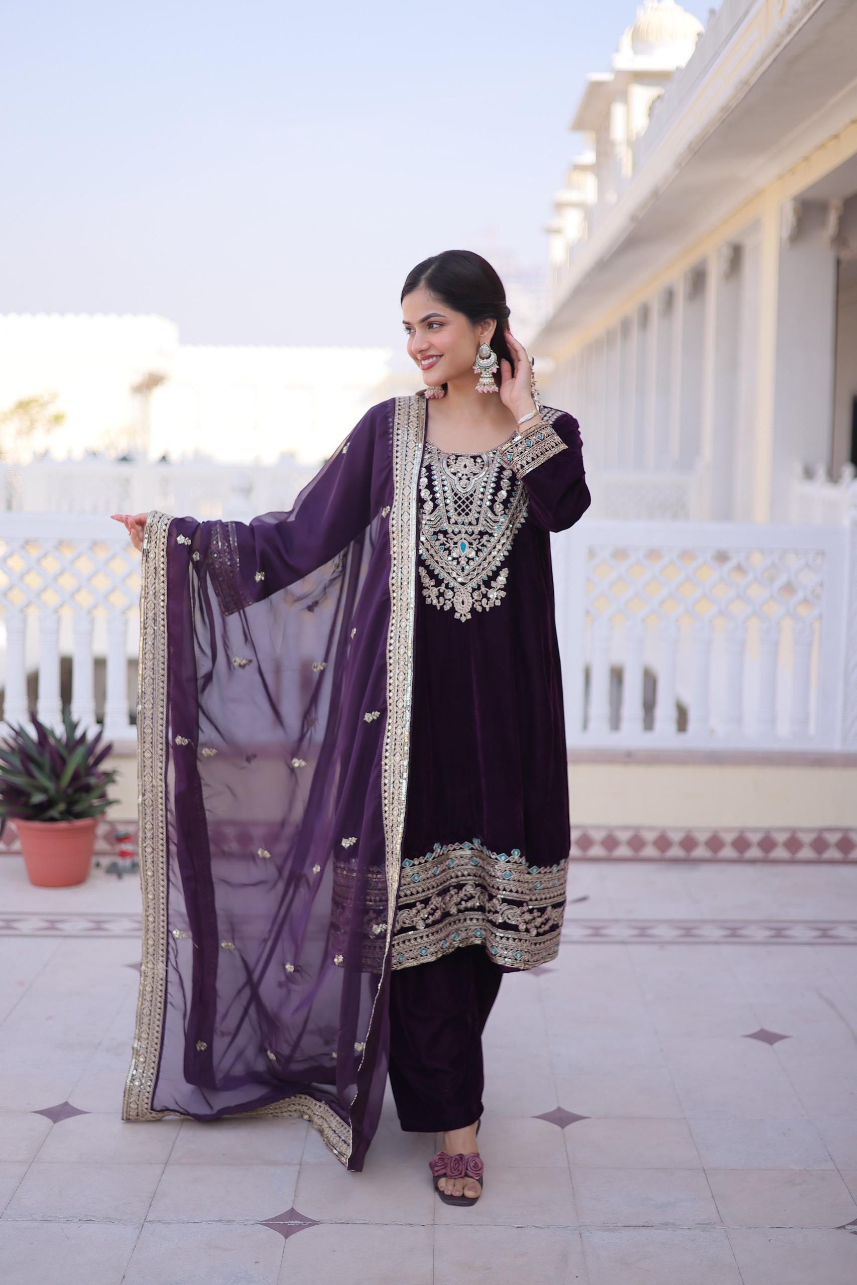 Luxury Velvet Embroidered Kurta Set with Dupatta for Women.