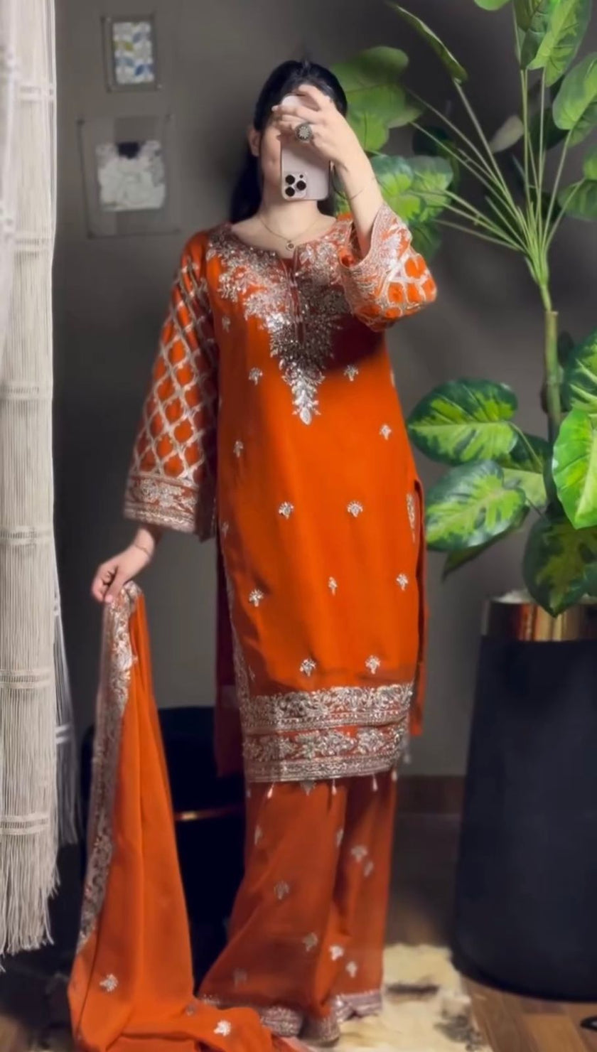 Women’s Designer Orange Kurti Palazzo Set with Heavy Embroidery.