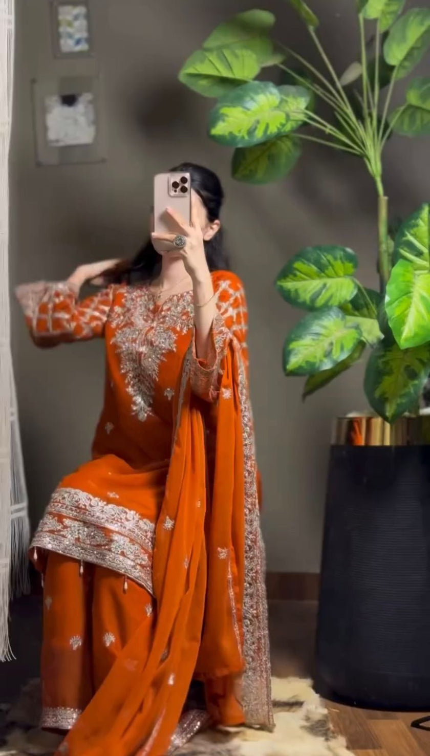 Women’s Designer Orange Kurti Palazzo Set with Heavy Embroidery.