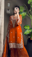 Women’s Designer Orange Kurti Palazzo Set with Heavy Embroidery.