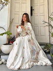 Elegant Ivory Floral Embroidered Anarkali Set with Organza Dupatta.