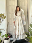 Elegant Ivory Floral Embroidered Anarkali Set with Organza Dupatta.