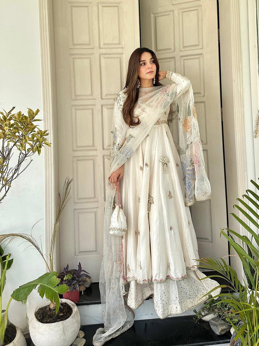 Elegant Ivory Floral Embroidered Anarkali Set with Organza Dupatta.