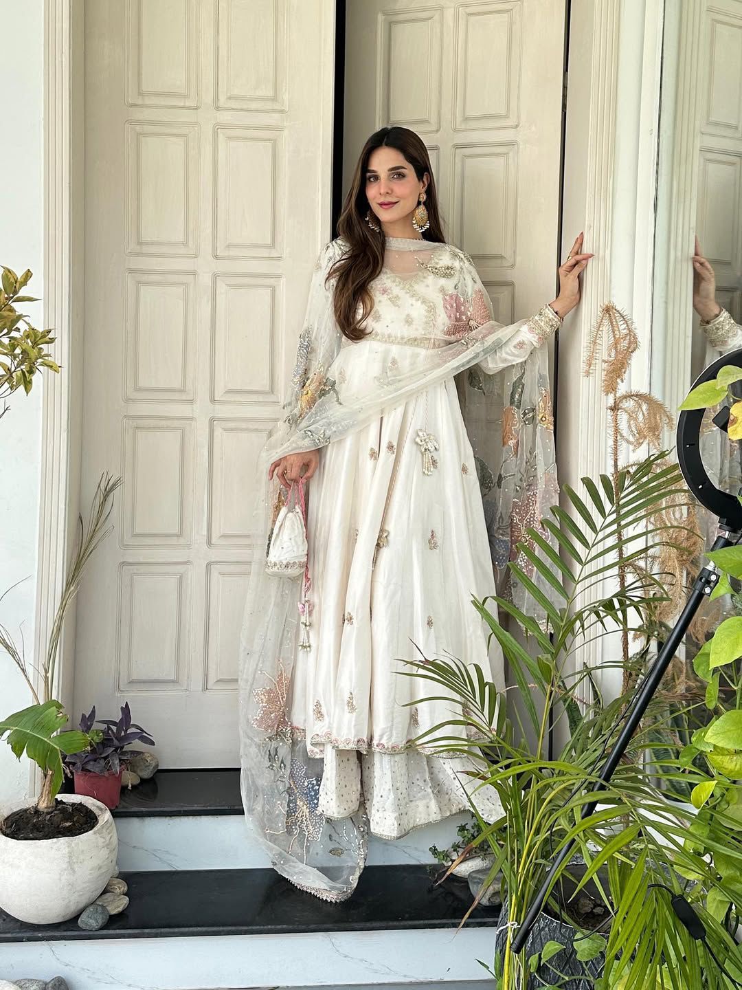 Elegant Ivory Floral Embroidered Anarkali Set with Organza Dupatta.