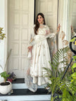 Elegant Ivory Floral Embroidered Anarkali Set with Organza Dupatta.