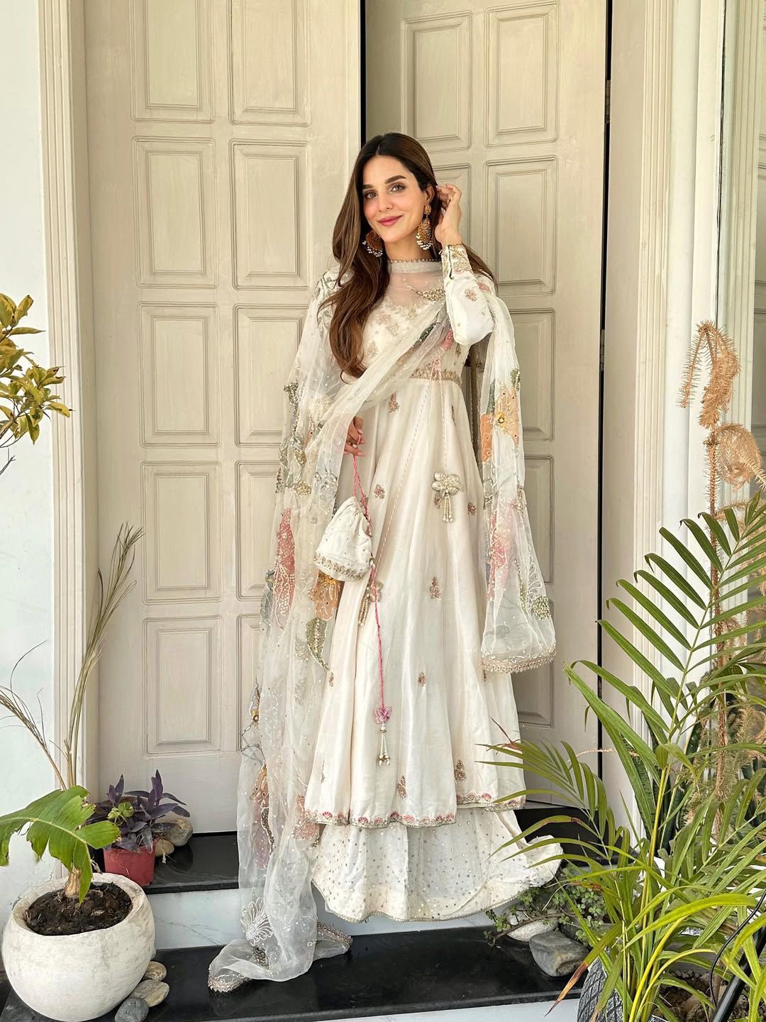 Elegant Ivory Floral Embroidered Anarkali Set with Organza Dupatta.