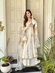 Elegant Ivory Floral Embroidered Anarkali Set with Organza Dupatta.
