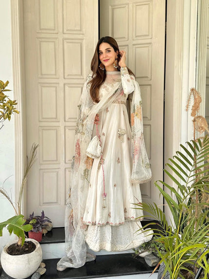 Elegant Ivory Floral Embroidered Anarkali Set with Organza Dupatta.