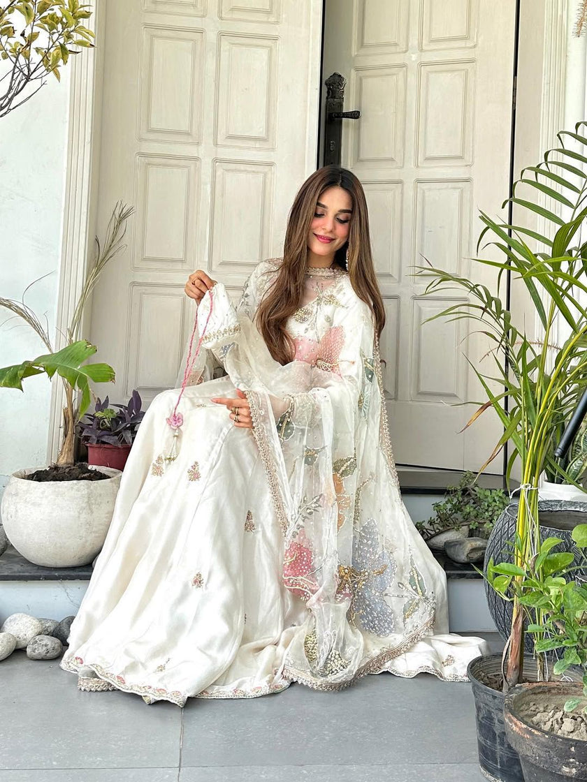 Elegant Ivory Floral Embroidered Anarkali Set with Organza Dupatta.