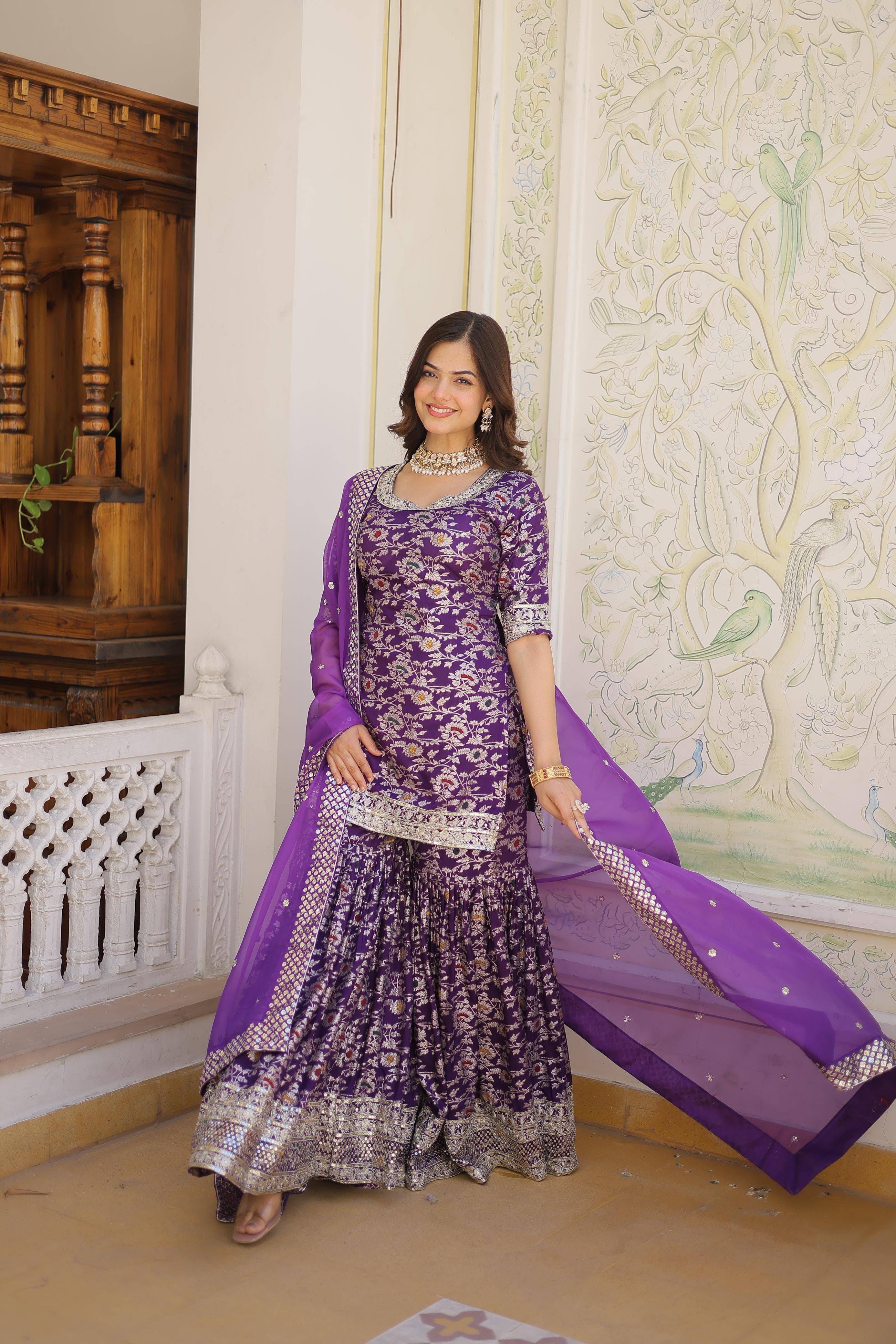 Royal Purple Embroidered Kurta Sharara Set with Organza Dupatta.