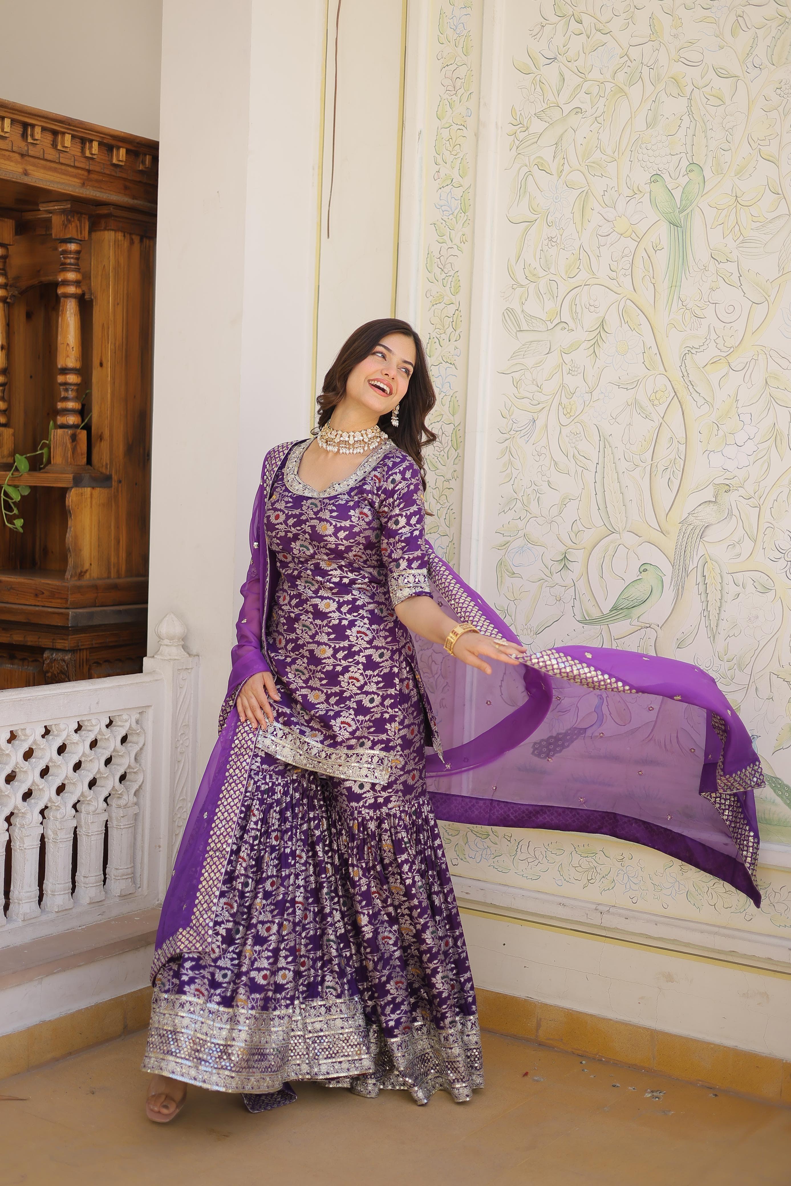 Royal Purple Embroidered Kurta Sharara Set with Organza Dupatta.