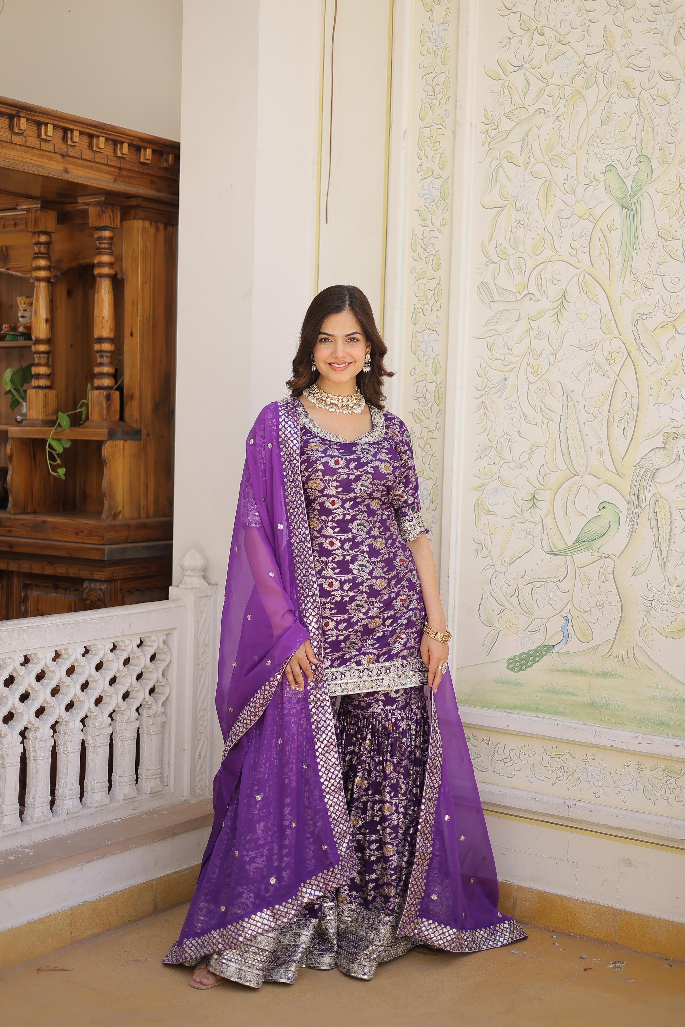 Royal Purple Embroidered Kurta Sharara Set with Organza Dupatta.