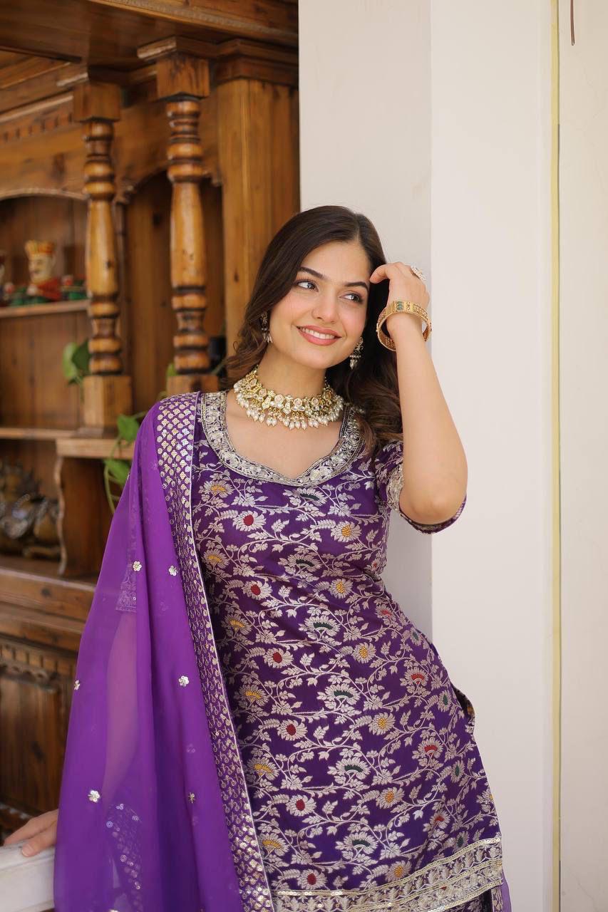 Royal Purple Embroidered Kurta Sharara Set with Organza Dupatta.