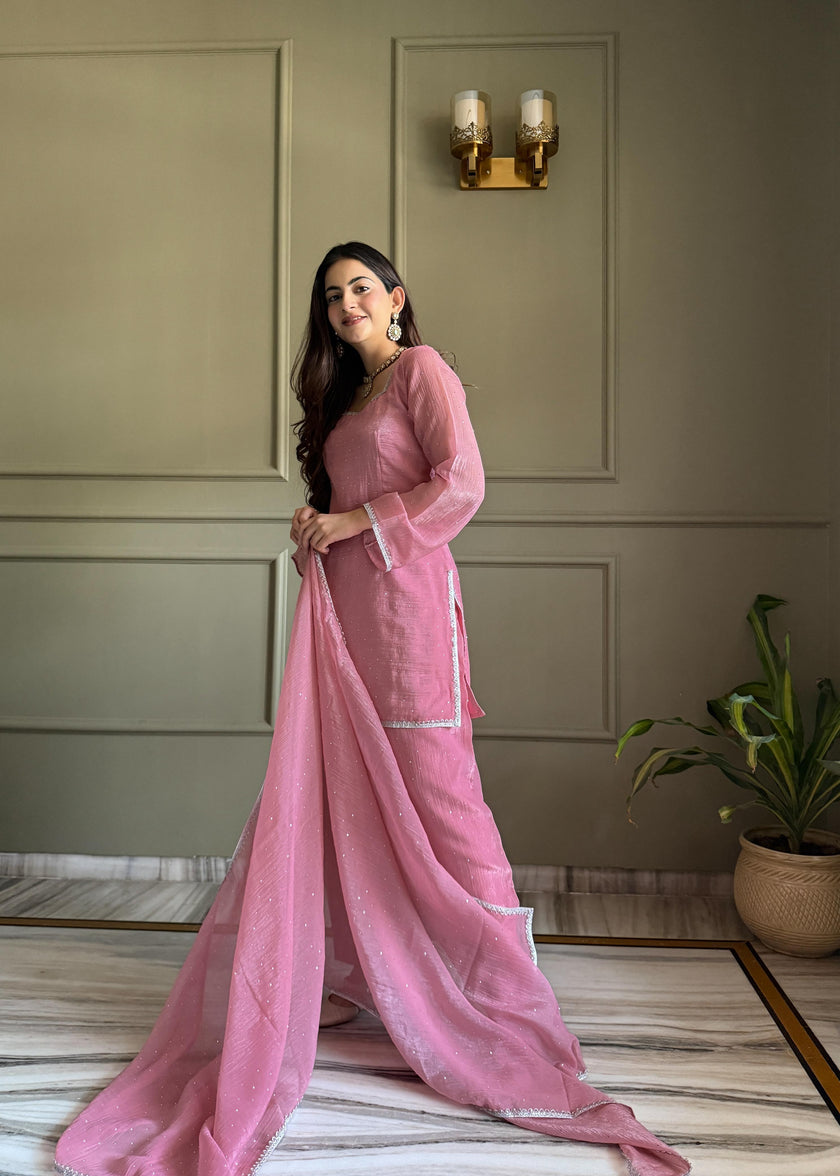 Stylish Straight Kurta Pant Set with Soft Net Dupatta.