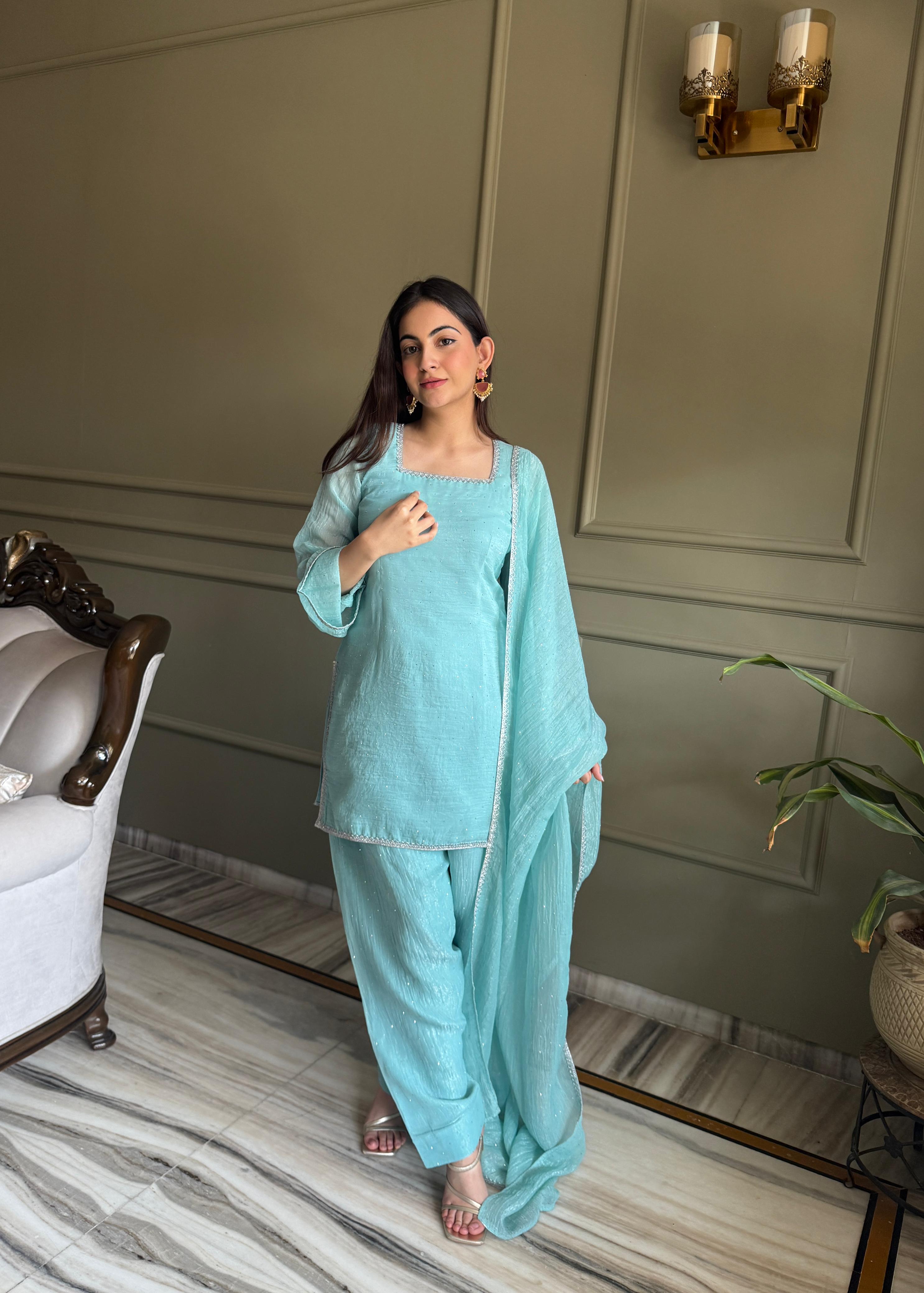 Stylish Straight Kurta Pant Set with Soft Net Dupatta.