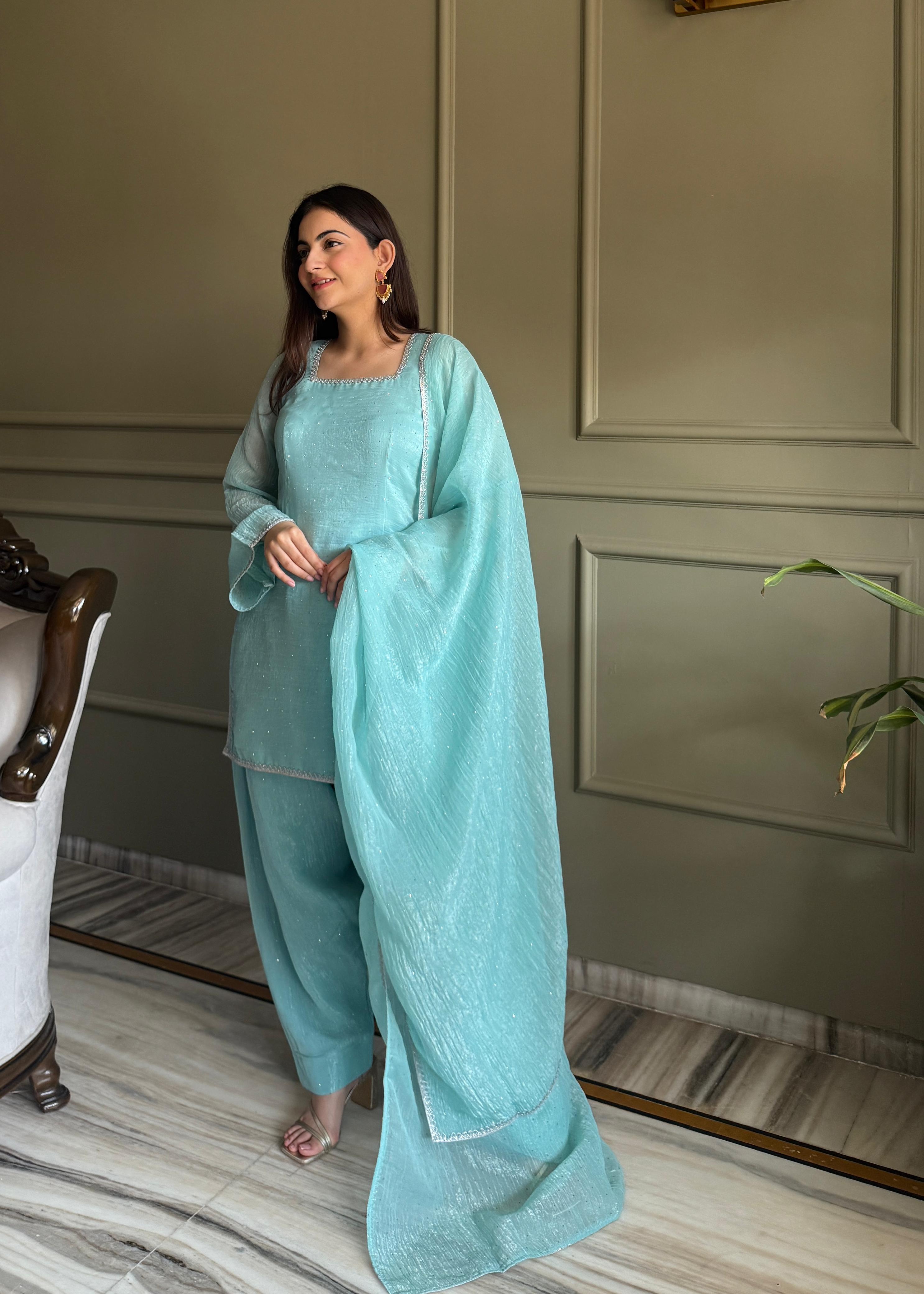 Stylish Straight Kurta Pant Set with Soft Net Dupatta.