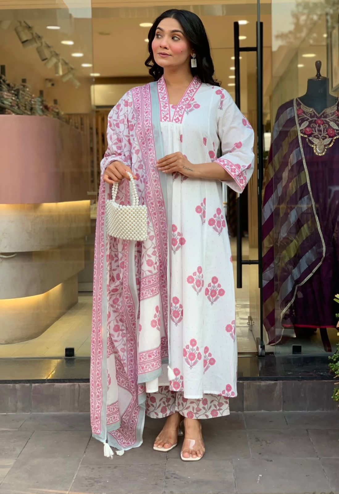 Floral Print White Kurta Palazzo Set for Women.