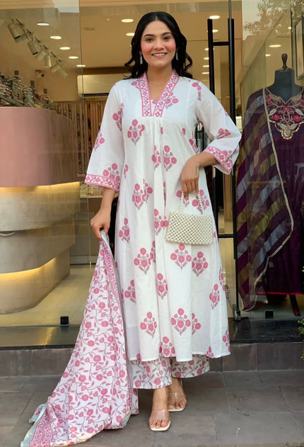 Floral Print White Kurta Palazzo Set for Women.