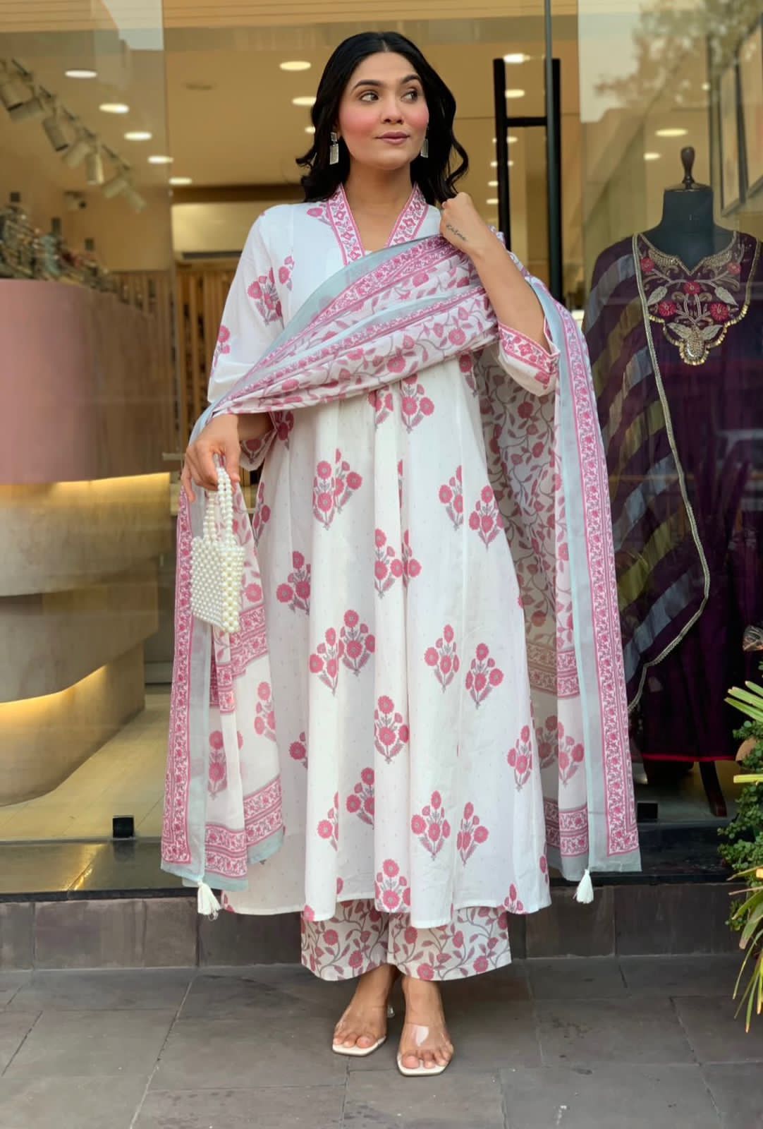 Floral Print White Kurta Palazzo Set for Women.