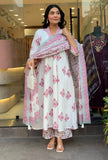 Floral Print White Kurta Palazzo Set for Women.