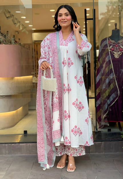 Floral Print White Kurta Palazzo Set for Women.