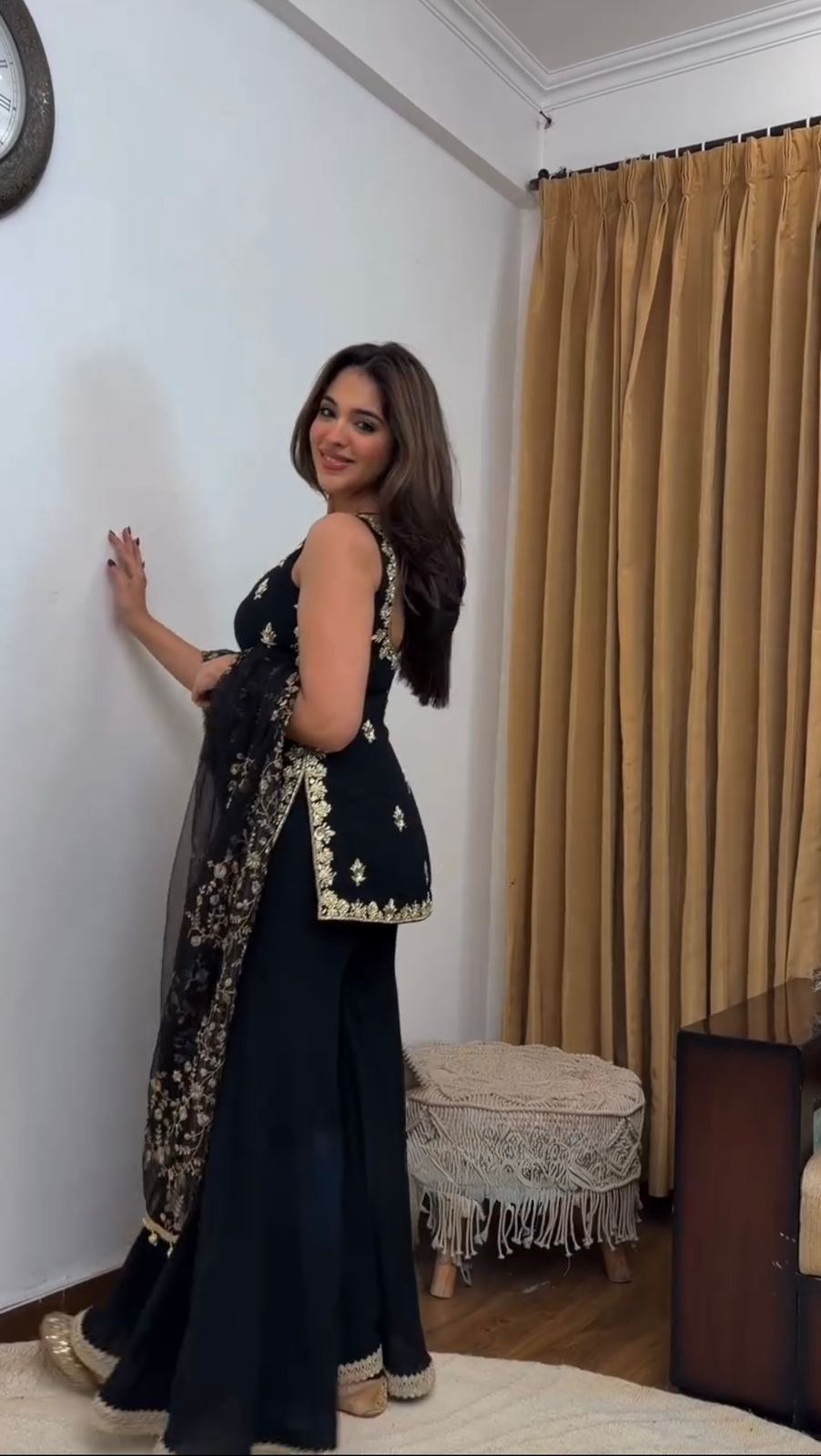 Elegant Black Embroidered Kurta Sharara Set with Dupatta.
