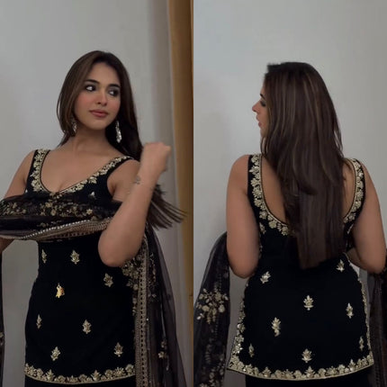 Elegant Black Embroidered Kurta Sharara Set with Dupatta.