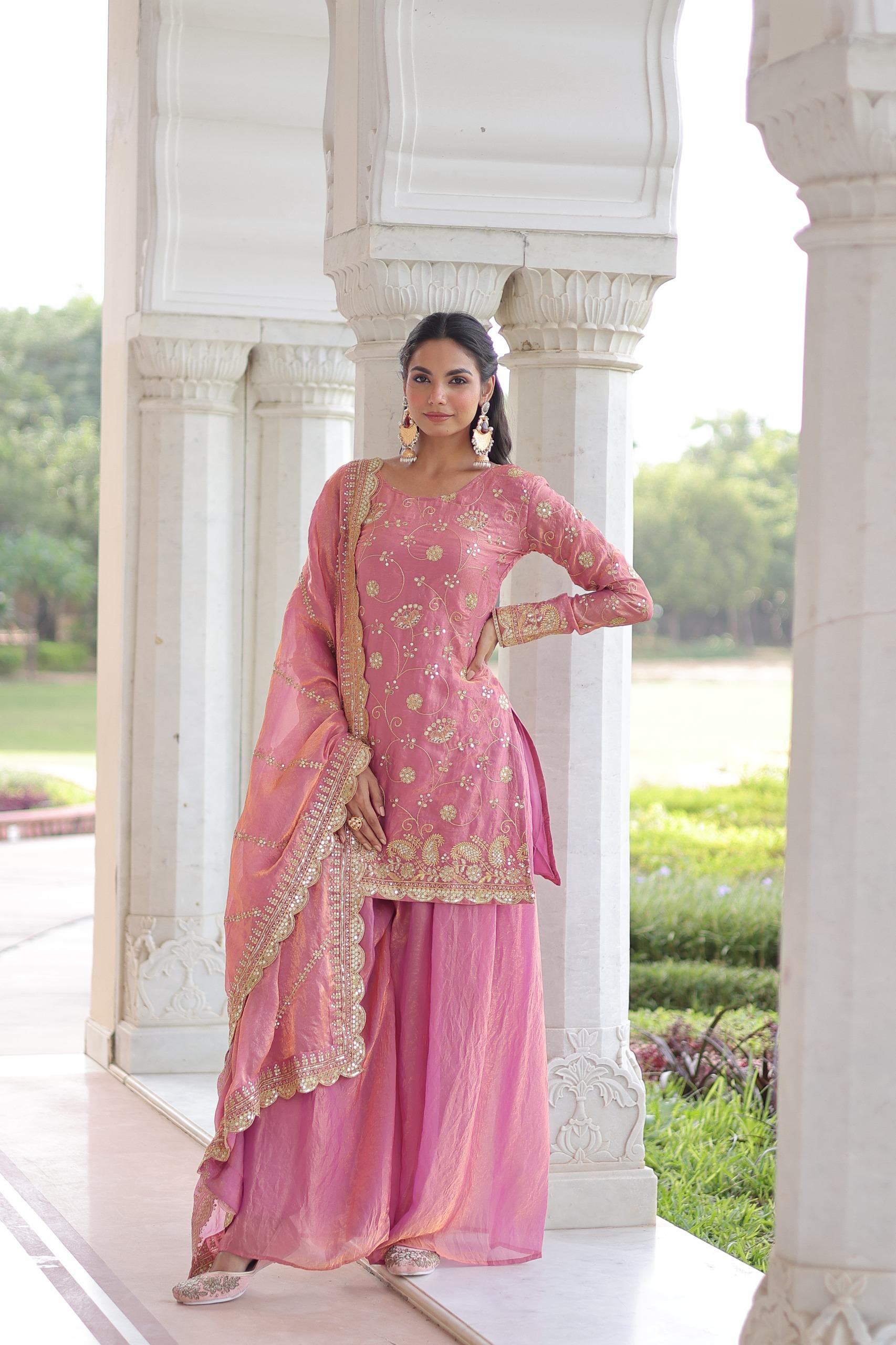 Elegant Embroidered Kurta Palazzo Set with Dupatta.