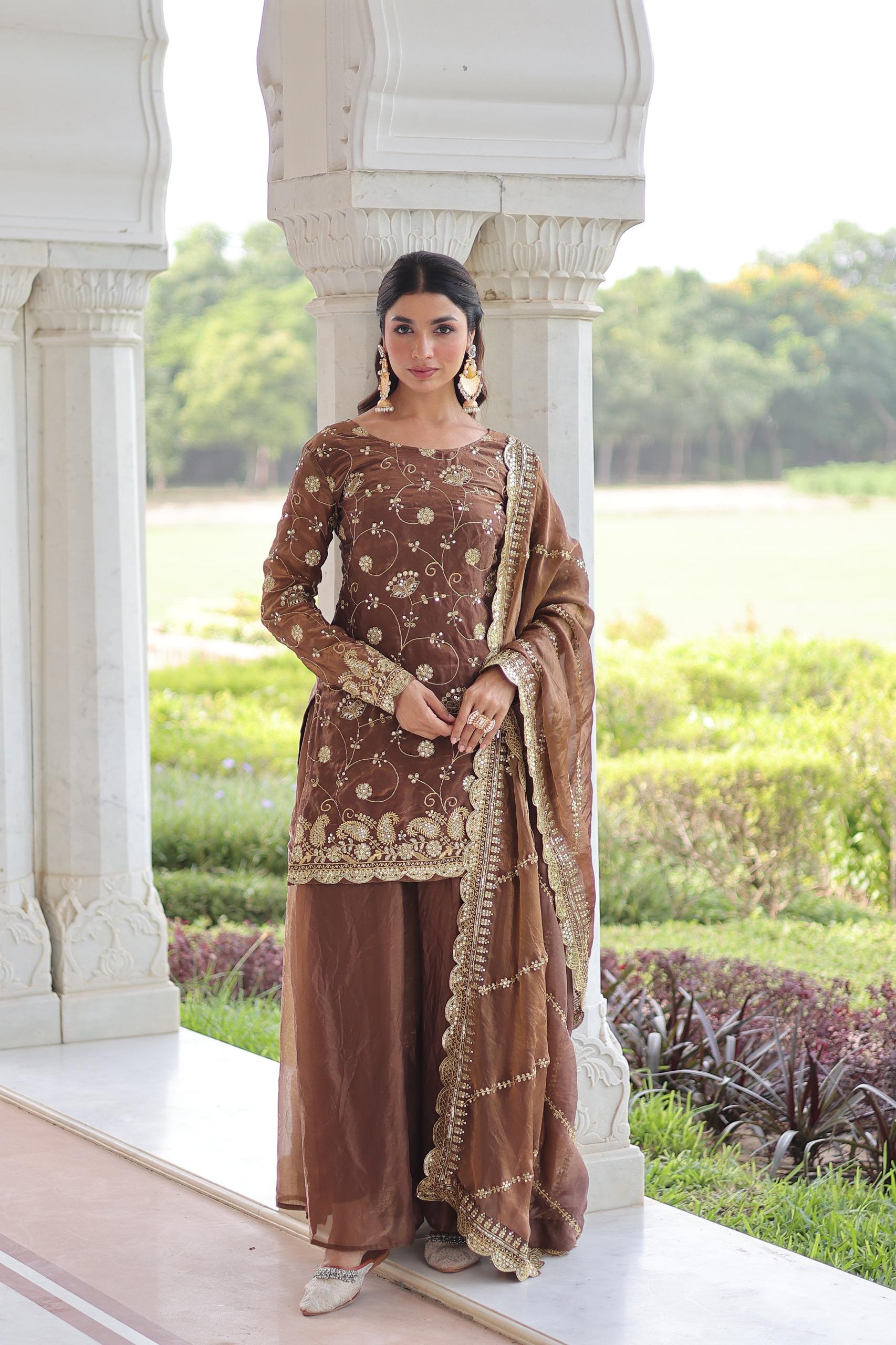 Elegant Embroidered Kurta Palazzo Set with Dupatta.