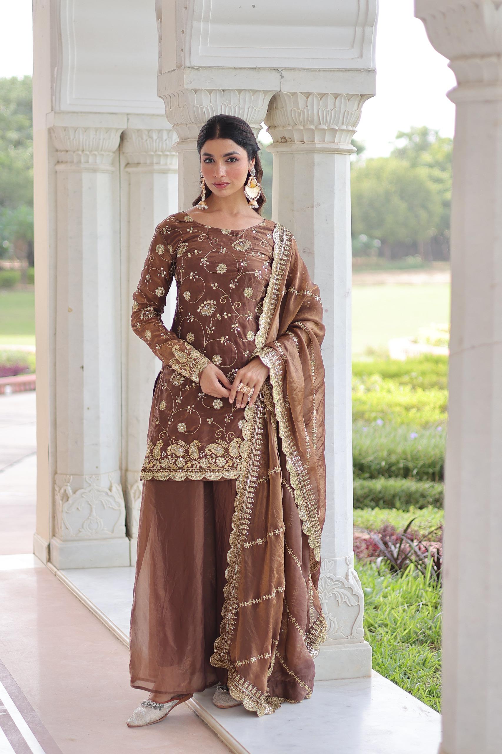Elegant Embroidered Kurta Palazzo Set with Dupatta.