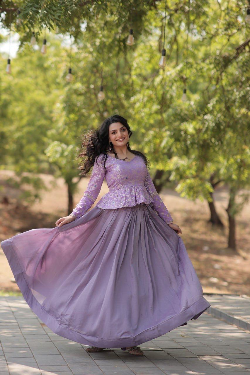Designer Lavender Embroidered Top with Long Flared Skirt.
