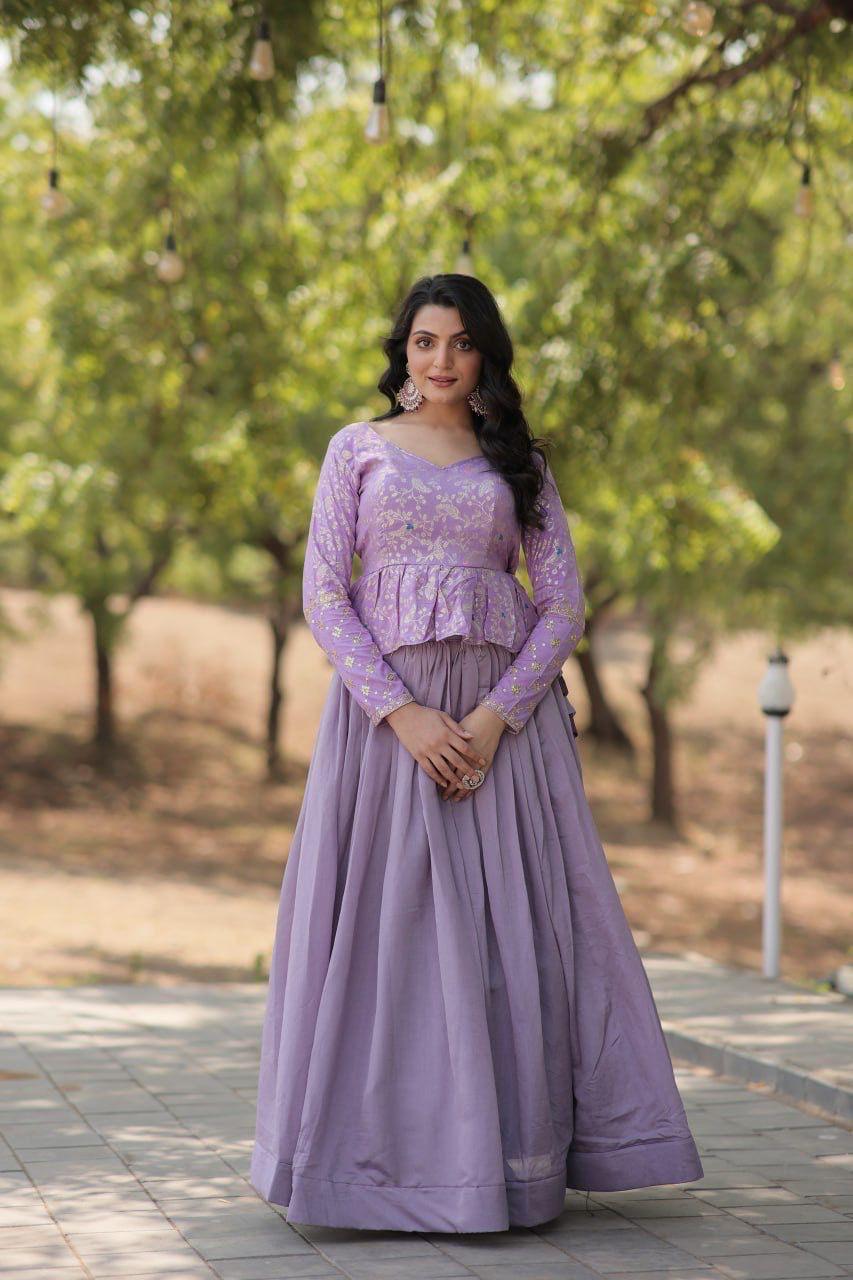 Designer Lavender Embroidered Top with Long Flared Skirt.