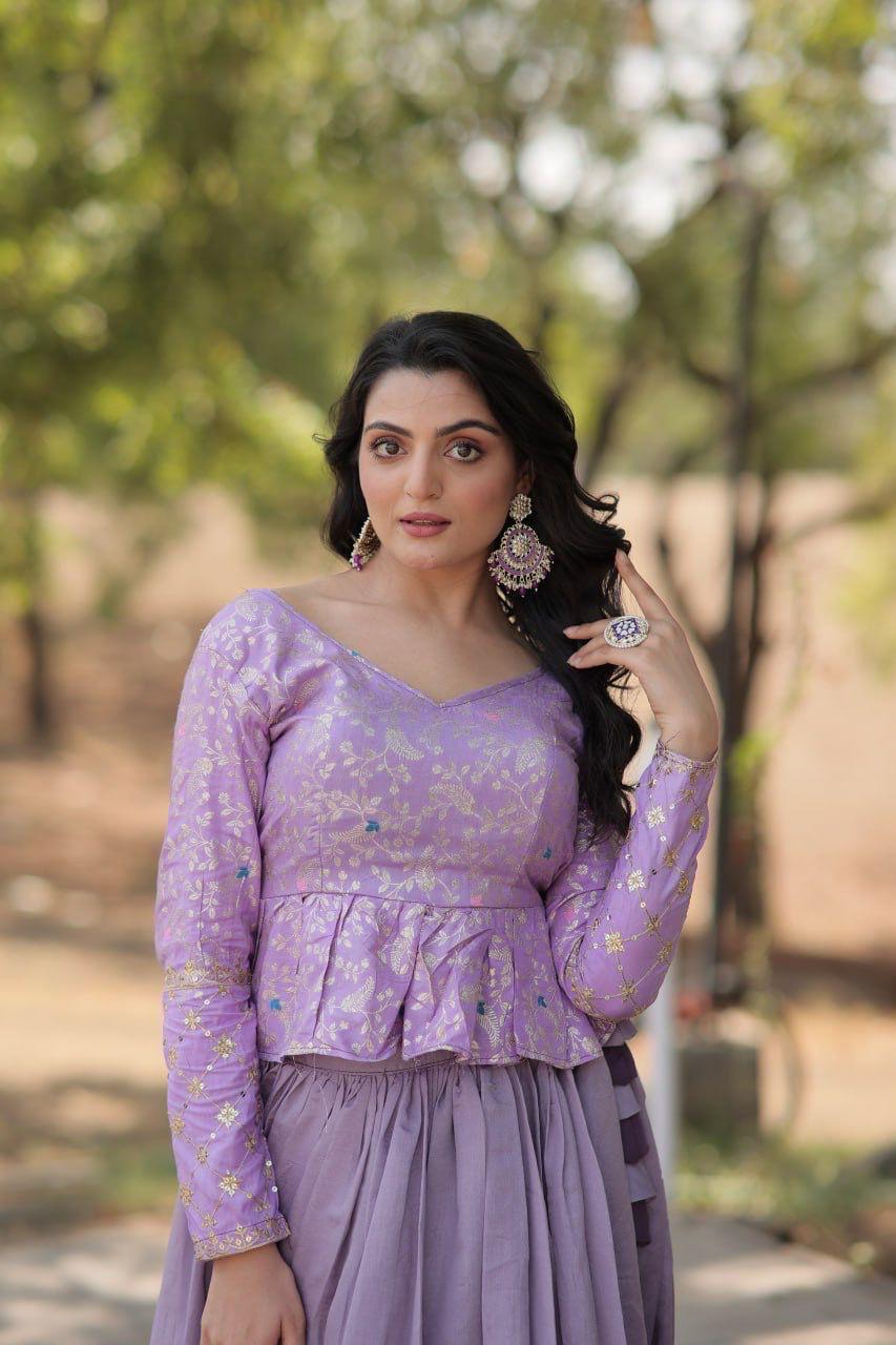 Designer Lavender Embroidered Top with Long Flared Skirt.