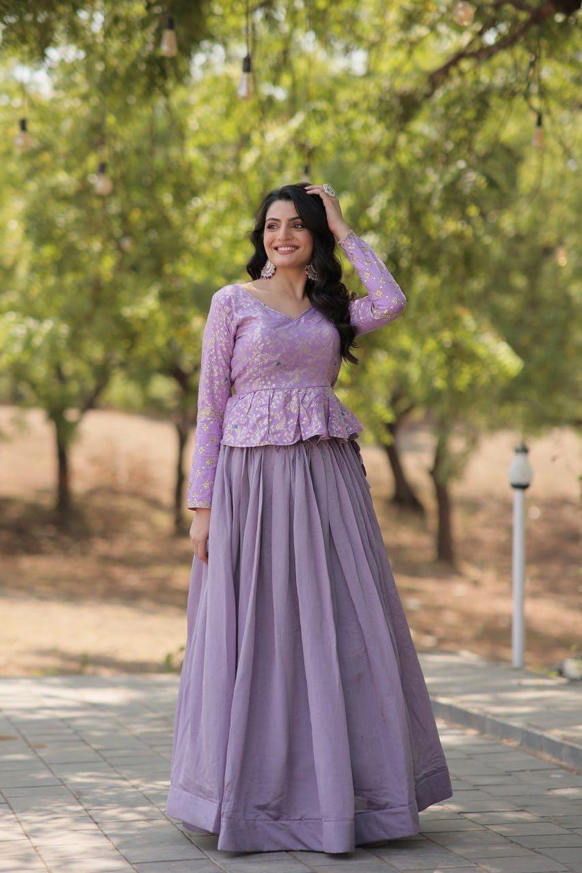 Designer Lavender Embroidered Top with Long Flared Skirt.