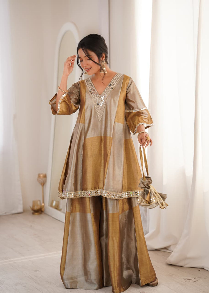 Women’s Gold Tone Festive Peplum Top with Flared Palazzo.