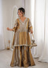 Women’s Gold Tone Festive Peplum Top with Flared Palazzo.