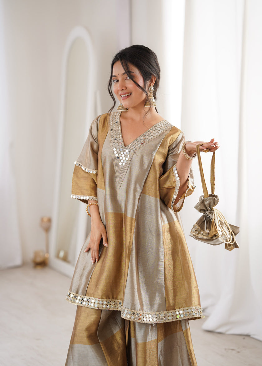 Women’s Gold Tone Festive Peplum Top with Flared Palazzo.