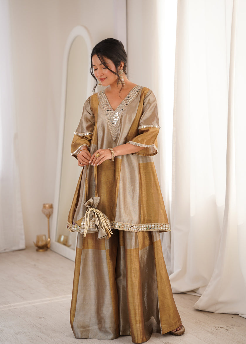 Women’s Gold Tone Festive Peplum Top with Flared Palazzo.