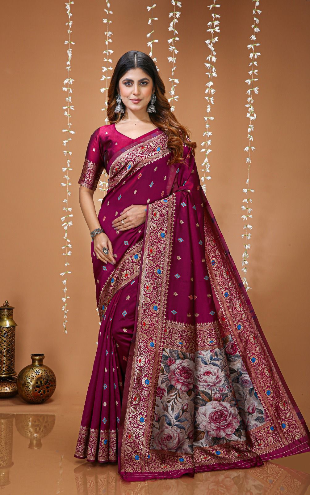 Premium Silk Saree with Floral Pallu Design.