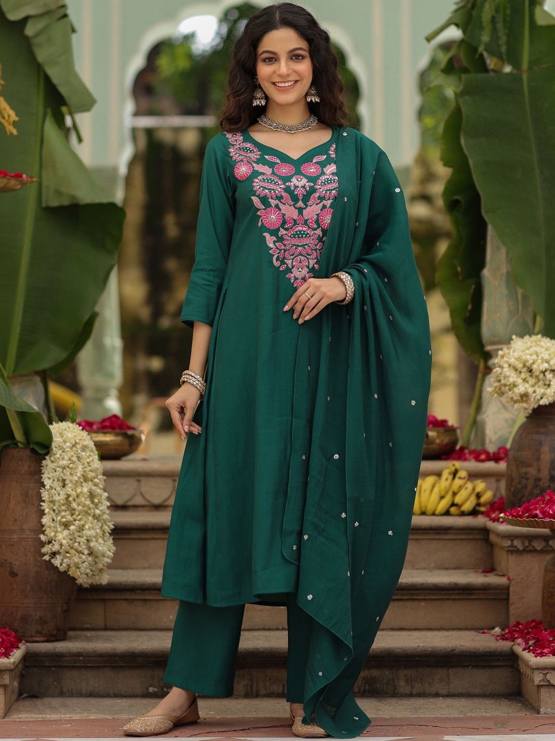Festive Wear Green Kurta Set with Pink Floral Embroidery.
