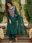 Festive Wear Green Kurta Set with Pink Floral Embroidery.