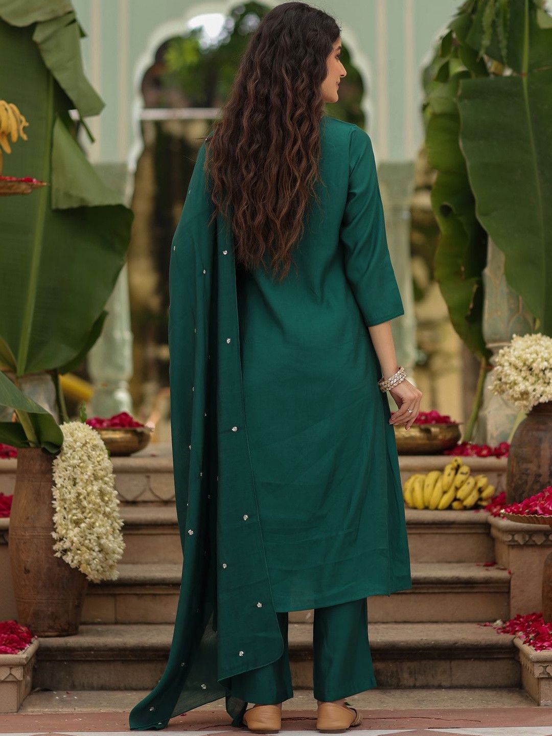 Festive Wear Green Kurta Set with Pink Floral Embroidery.