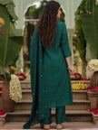Festive Wear Green Kurta Set with Pink Floral Embroidery.