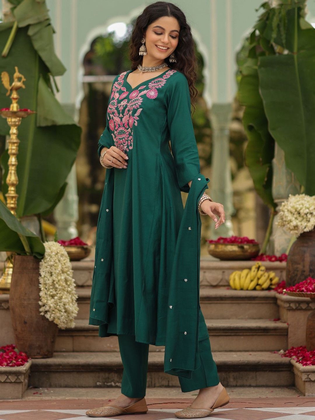 Festive Wear Green Kurta Set with Pink Floral Embroidery.