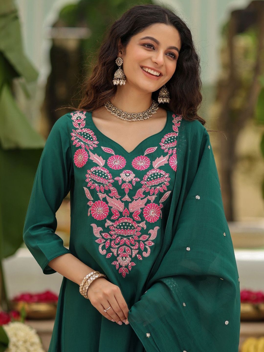 Festive Wear Green Kurta Set with Pink Floral Embroidery.