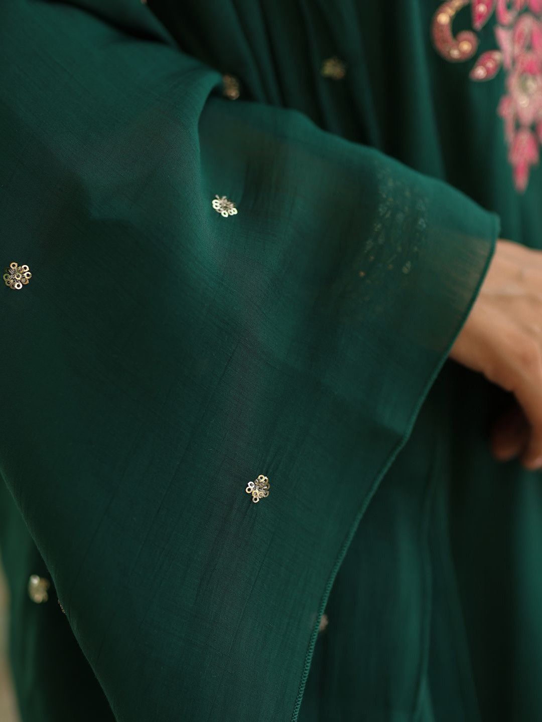 Festive Wear Green Kurta Set with Pink Floral Embroidery.