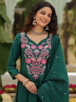 Festive Wear Green Kurta Set with Pink Floral Embroidery.