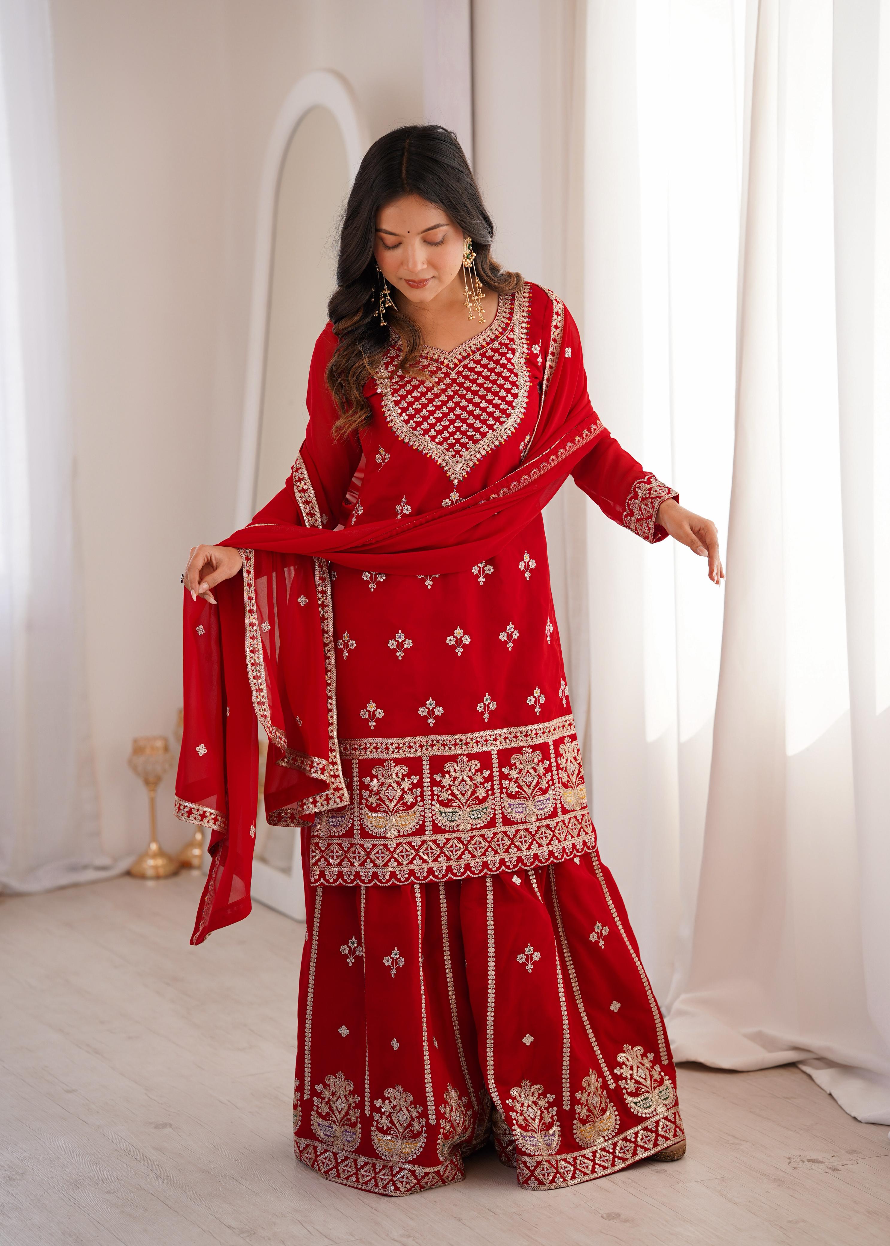 Designer Embroidered Kurta Palazzo Set with Dupatta.